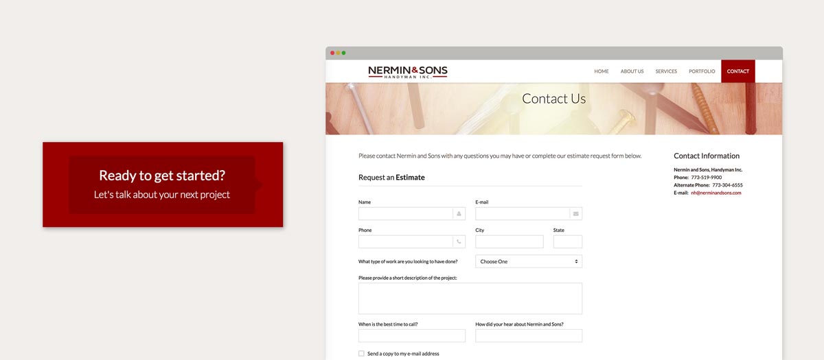 Nermin & Sons website estimate screen